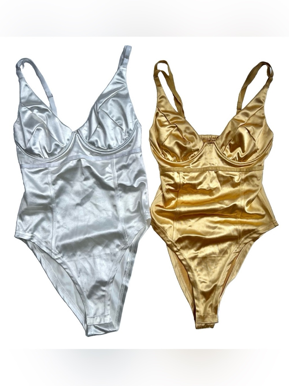 Women’s Satin Bodysuit Teddy Control Shaping Gold White S/XS